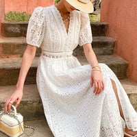 Short-sleeve Hollow-out Embroidered Slim-fit Midi Dress