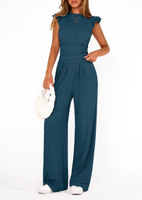 Womens Solid-Colored Summer Two-Piece Set Ruffled Hem Wide-Leg Pants Casual Fashion Outfit