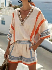 Linen Striped Printed V-Neck Top And Shorts Set For Women