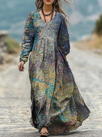 Personalized Retro Chic V-Neck Long-Sleeve Dress