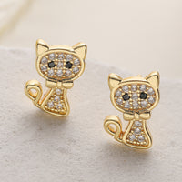 Cute Copper-Plated 18K Gold Zircon Cat And Bee Stud Earrings