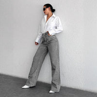 Silver-gray Straight-leg Womens Springfall Denim Jeans With A Draped Versatile Fit High Waist And Slimming Effect