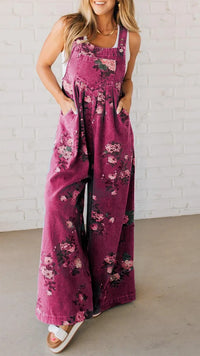 Fashion Denim Floral Print Sleeveless Strap Jumpsuit