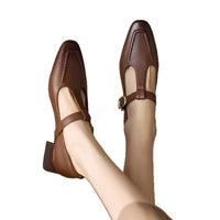 Soft Leather Brown T-strap Chunky Heel Pumps