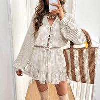 Round-neck Lantern-sleeve High-waisted Cotton-linen Dress