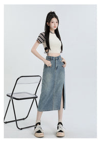 Women's Orange Silk Split Denim Skirt For Hot Girls Summer High Waist
