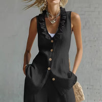 Linen Blend Sleeveless Vest Top Button-Front V-Neck Blouse For Women