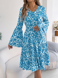 Women's Vintage Bell Sleeve Ruffle Trim Tie Waist A-Line Dress