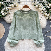 Womens Lantern-Sleeve Crew-Neck Sweatshirt With Embroidery Loose Fit