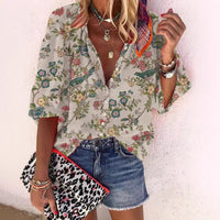 Loose-fit Button-up Retro Print Casual Shirt