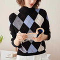 Vintage Diamond Lattice Pure Cashmere High Lapel Inlay Knitted Sweater
