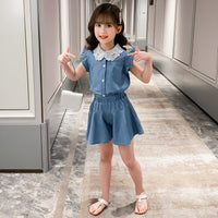 Girls' summer lace collar denim suit