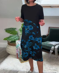 European And American Style Fashionable Patchwork Printed Crew-Neck Midi Dress