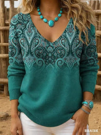 Womens Retro-Print V-Neck Long-Sleeve T-Shirt Top