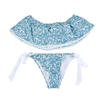 Light Blue Floral Pattern Strapless Off Shoulder Women Sexy Slit Bikini Set Swimwear Women Beach Bathing Swimsuit
