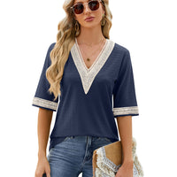 Womens Loose Top With Golden Lace Panels And Three-Quarter Sleeves