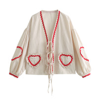 Women's Plaid V-neck Shirt Love Pocket Long Sleeve Loose Top