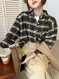 Polo Collar Brushed Shirt Women's Plaid Coat Top