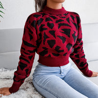 Women Casual Leopard Print Cinched Knit Cropped Sweater