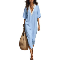 Cross-Border Casual Lazy-Style V-Neck Loose Cropped-Sleeve Dress Linen Texture Relaxed Vacation-Ready