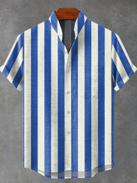 Men's Stand Collar Contrast Color Striped Casual Cool Versatile Short Sleeve