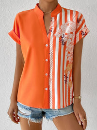 Double Contrast Color Floral Button Cardigan Short Sleeve Shirt