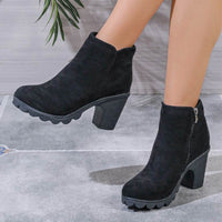 Chunky Heel Round Toe Side Zipper Ankle Boots