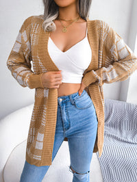 Women Plaid Tie Lantern Sleeve Casual Cardigan Sweater