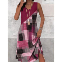 Womens Casual Versatile V-Neck Sleeveless Colorblock Dress