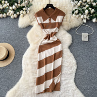 Niche Vintage-style Fashion Polo-neck Short-sleeve Contrast-striped Knit Dress