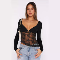 Autumn New Solid Color Lace Patchwork Top Womens Clothing