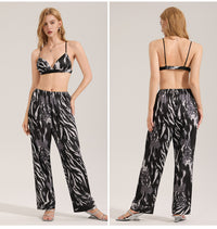 Zebra-Print Satin Chiffon Pajamas For Women Summer Cami Top And Pants Casual Loungewear Set