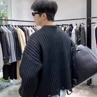 Broken Hole Short Black Round Neck Sweater