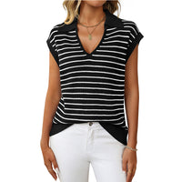 Women's V-neck Knitted Top Casual Striped Collar Sweater