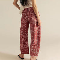 Womens Relaxed-fit Floral Cropped Wide-leg Mid-rise Jeans