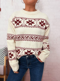 Holiday Christmas Sweater With Snowflake Jacquard Contrasting Colors And Crew Neck