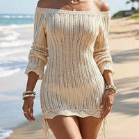 French-style Minimal Luxe Off-Shoulder Seaside Vacation Solid-Colored Hollow-Out Sheath Dress