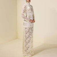 High-neck Lace-panelled Long-sleeve Waist-cinching Sheath Dress