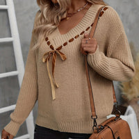 Sweater V-neck Bow Tie Versatile Pullover Top Women