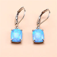 Rectangular Four-Claw Blue And White Opal Stud Earrings