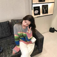 Korean Spring Limited Rainbow Mohair Striped Sweater Loose Outerwear Top
