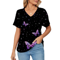 Women's T-shirt, Natural Plant And Floral Print, Casual V-neck Short Sleeves