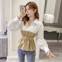 Long Sleeve Cinched Patchwork False Two-piece Suit Shirt