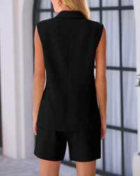 Women Fashion Solid Color Double-Breasted Blazer Sleeveless Two-piece Set