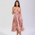 Resort-style Backless Printed V-Neck Halter Dress