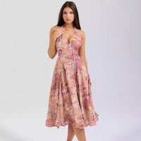 Resort-style Backless Printed V-Neck Halter Dress
