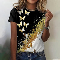 Women's Round-Neck Short-Sleeve Casual Top With 3D Flower Print