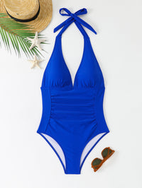 One Piece Swimsuit Halter Deep V-neck Gather Conservative Swimsuit For Women