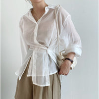 Irregular Buckle Lapel Long Sleeve Shirt Thin Simple Top