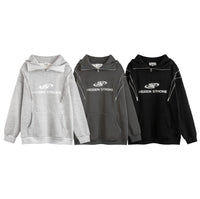 Men's Winter American Style Trend Zipper Design Loose Neutral Cardigan Velvet Padded Hooded Sweatshirt